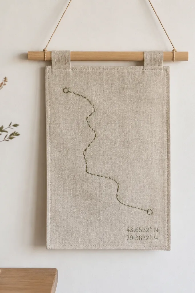 A small linen wall hanging with a stitched route line in muted thread. A coordinate number is stitched in the bottom corner. The piece is hung from a light wooden dowel rod with two fabric loops.