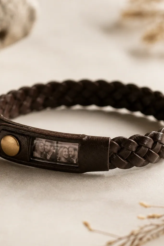 A dark brown leather cord bracelet with braided texture. One side has a small snap closure. A tiny clear window slide sits under the snap so a photo strip can be seen.
