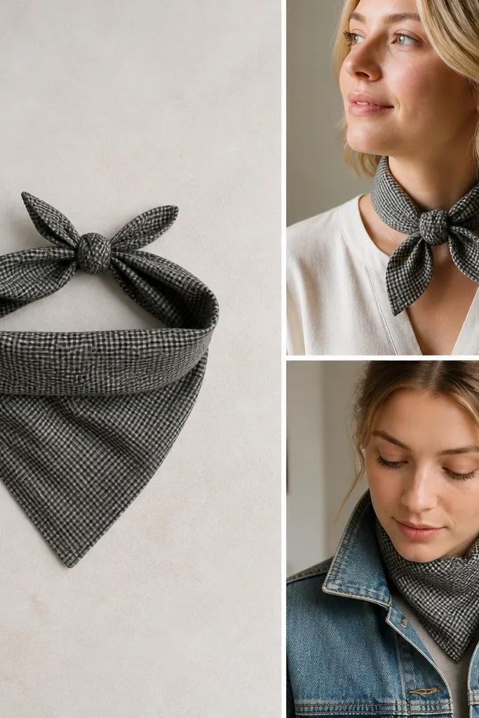 A lightweight flannel bandana folded into a triangle, with a knotted center. The fabric is muted gray with tiny black checks. Two styling ties show how it can be worn around a neck or tucked at the collar.