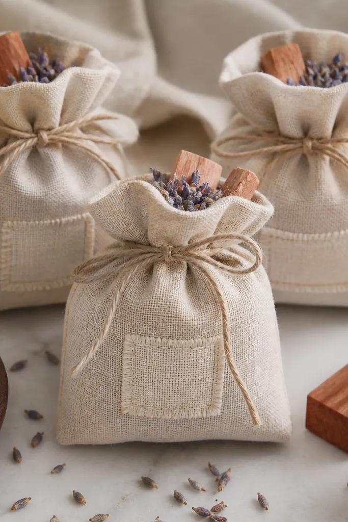 Three small linen drawstring pouches in cream, each with a stitched label tag. Inside are cedar blocks and dried lavender buds. The pouches are tied with thin twine.