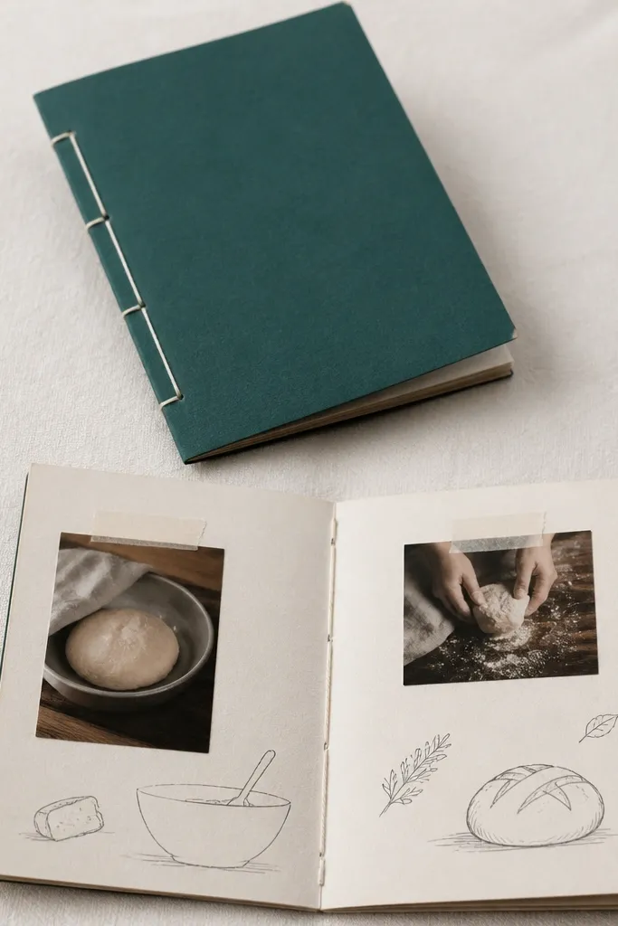 A small stapled and hand-sewn zine with a matte cover in deep teal. Inside pages show handwritten recipe steps and small taped photos. The binding is visible along the spine.