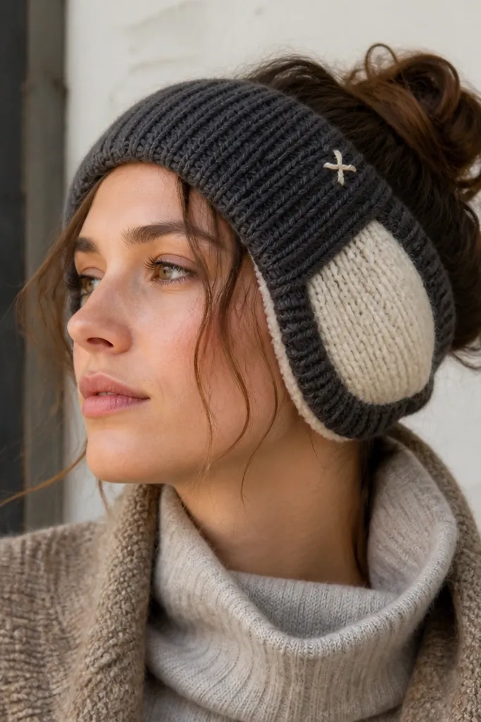 A knit ear warmer liner in charcoal yarn with two cream panels that cover the ears. The edges are ribbed and the inside looks soft. A small stitched initial sits near the front seam.
