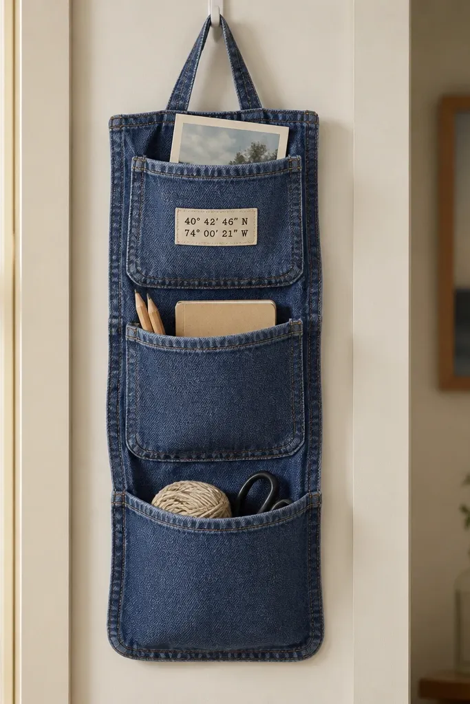 A denim organizer with three pockets in different sizes. The denim is blue with visible seams. A stitched label on the top pocket reads a coordinate. It hangs from a fabric loop.