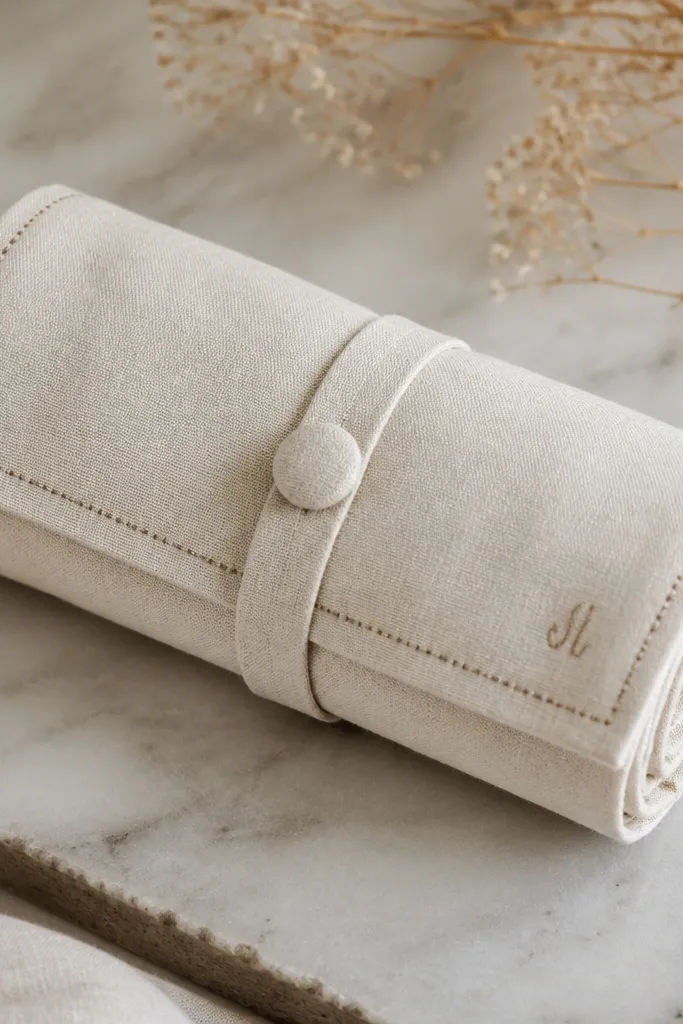 A rolled linen wrap tied with a fabric button strap. The linen is off-white with a subtle texture. A stitched line border frames the edges, and a small stitched initial sits near the fold.