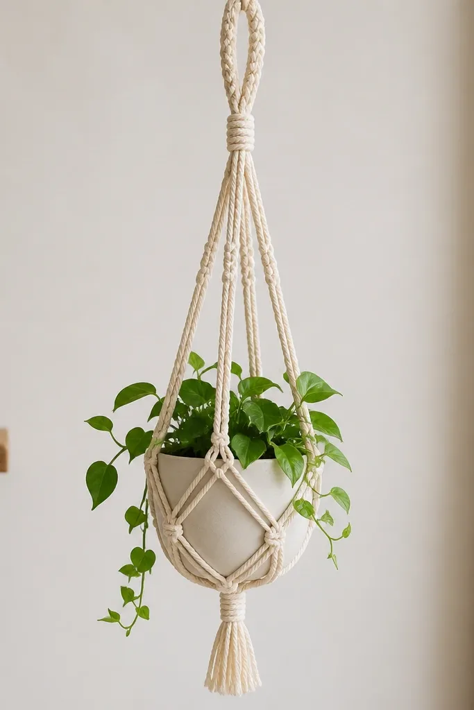 A crocheted plant hanger in warm cream cotton with a braided top loop. The hanger has an adjustable knot system and holds a small potted plant. The stitches look tight and even.