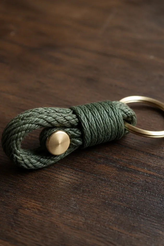 A small key fob made from twisted pine-green waxed twine wrapped into a tight loop, with a shiny brass button at the front and a simple metal key ring attached at the back. The background is a dark wooden table, and the fob looks slightly textured and handmade.
