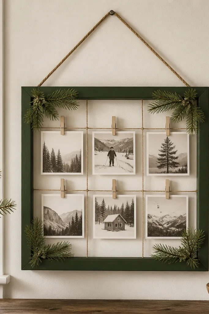A small wall-hanging frame made from a thin pine board painted deep forest green, with a grid of mini clothespins holding six small black-and-cream photos. Faux pine sprigs are tucked into the corners, and the whole piece hangs by a braided twine loop.