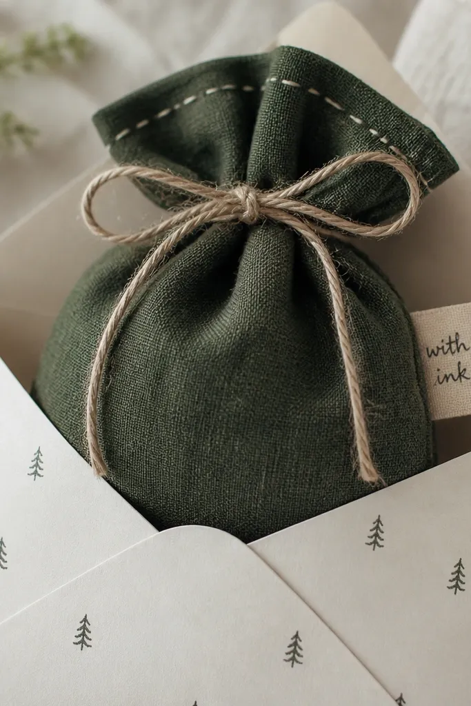 A small linen sachet in pine green fabric, tied with waxed twine, placed inside an off-white paper envelope stamped with tiny evergreen icons. The sachet has visible stitching and a small fabric tag that reads with handwritten ink.