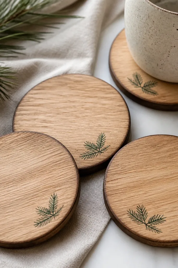 Four round wood coasters with lightly sanded, brushed grain. The edges have a dark burned outline, and each coaster top has a small stamped pine sprig in deep green ink.