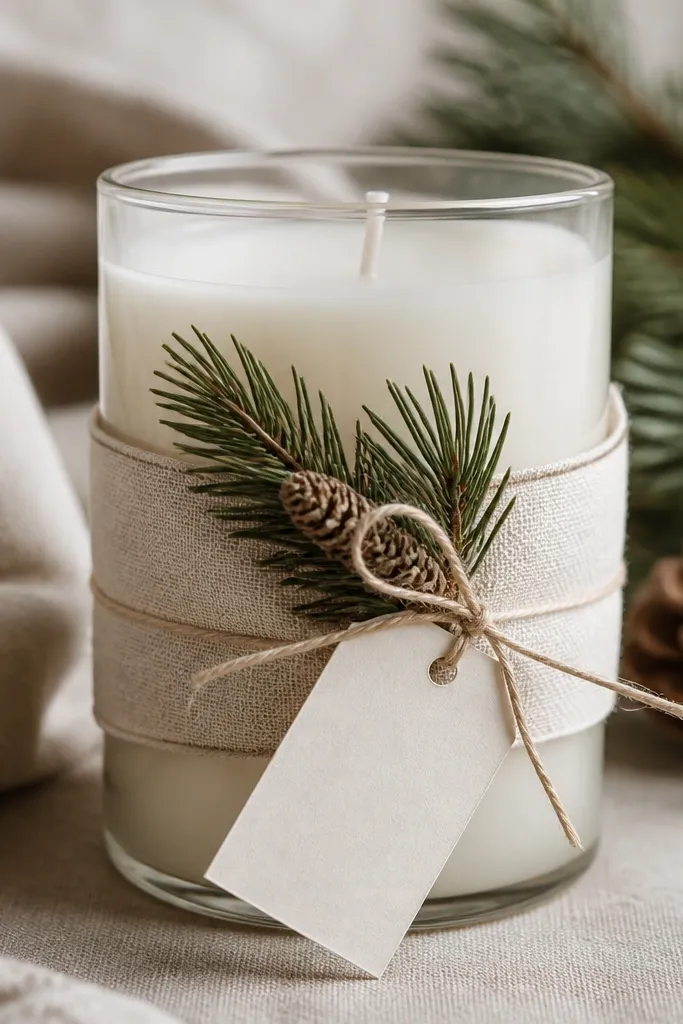 A store-bought candle wrapped with a band of linen ribbon in warm cream, with small faux pine sprigs tucked under the ribbon. A simple tag hangs from twine, and the label area is left clean for a handwritten message.