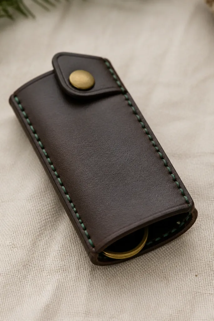 A handmade rectangular key holder with a faux leather front in dark brown, stitched with pine-green thread along the edges. A brass snap closes the top, and a small key ring sits inside.