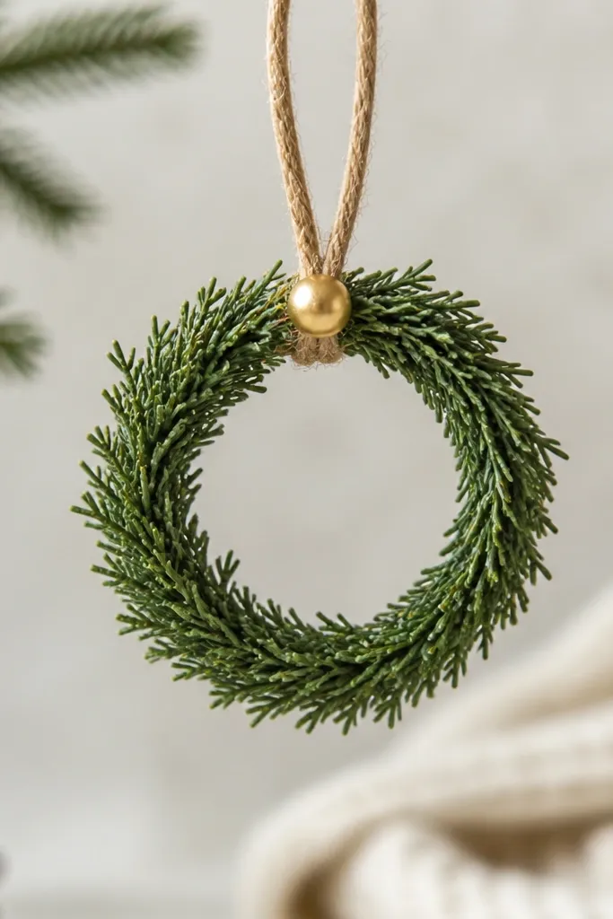 A small 3-inch wreath made from wire wrapped in green floral tape, covered with tiny faux pine pieces. It hangs from a loop of twine and has a single gold bead near the top.