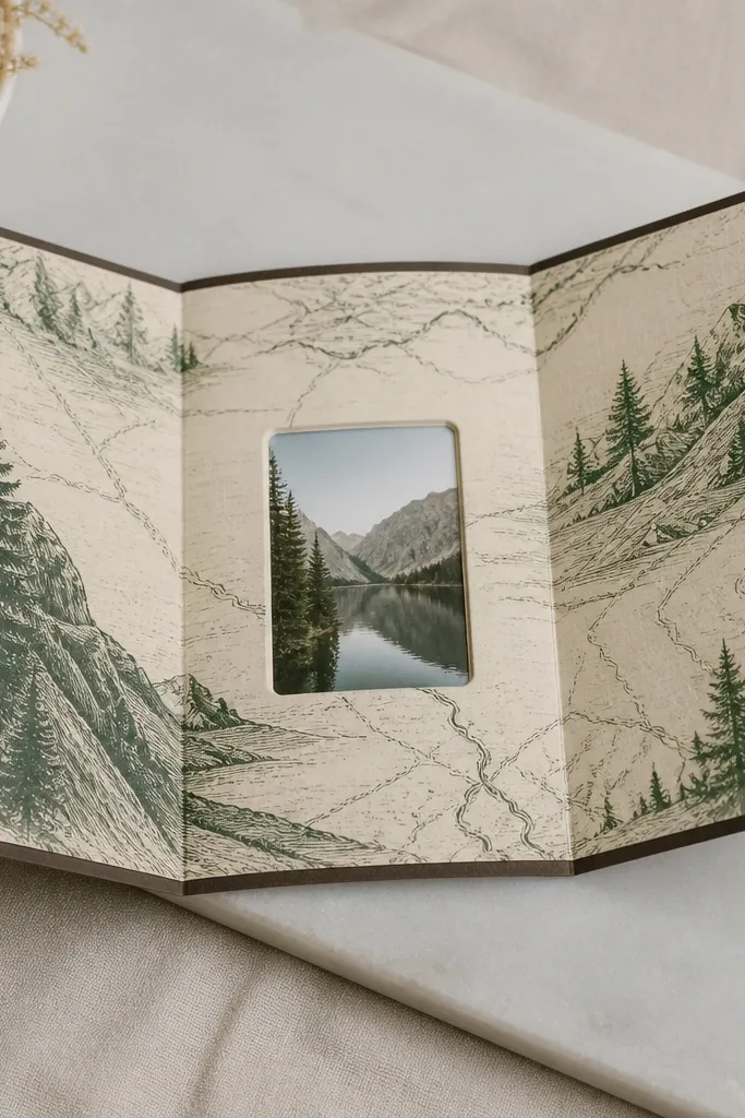 A slim card insert that looks like a folded map, printed in deep green and cream. A small clear window shows a tiny photo, and the edges are neatly trimmed with a dark brown border.