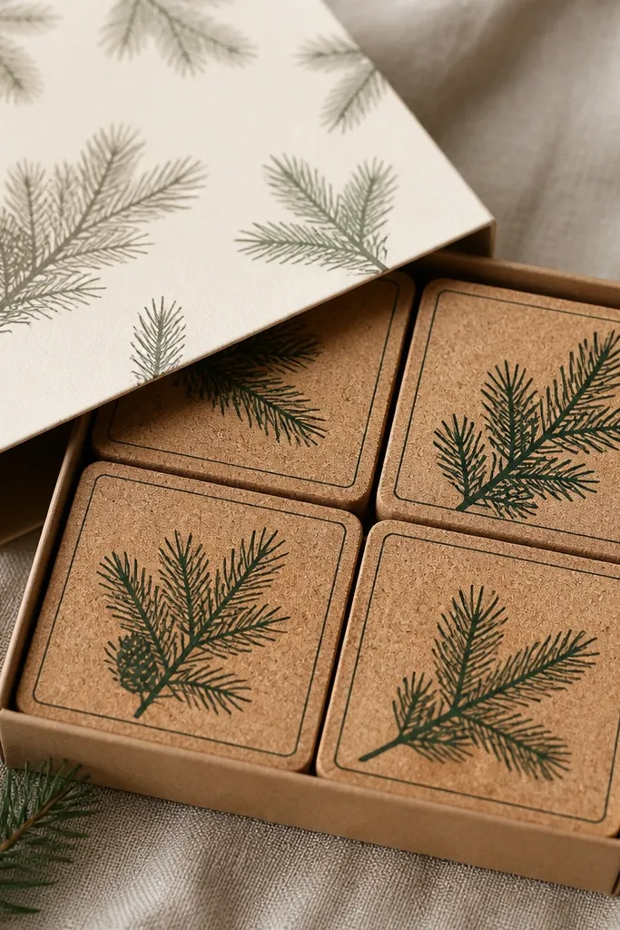 Four square coasters made from cork or wood with stamped pine sprigs in matte deep green. They sit inside a small kraft box with a sleeve printed in cream, and each coaster has a subtle border.