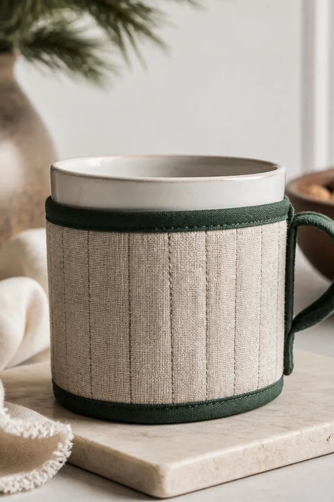 A fabric mug cozy in oatmeal beige with a vertical stitched pattern and pine green bias tape trim. The cozy fits a standard ceramic mug and has a small fabric loop handle.