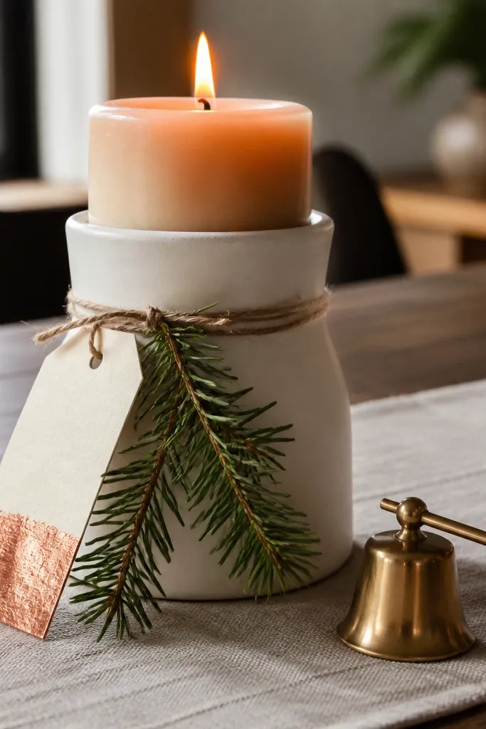 A small candle snuffer tool wrapped with a tag made from cream cardstock. The tag has a hand-drawn pine sprig in dark green ink and a piece of waxed twine tied around the snuffer handle with a copper bead near the knot.