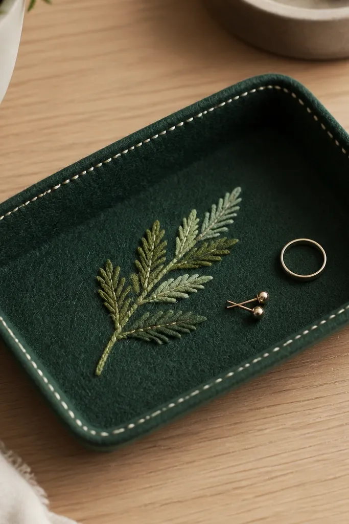 A small rectangular felt tray in deep forest green on a desk. It has an appliqué of tiny pine needles made from felt in three shades of green, plus a cream stitched border around the edges.