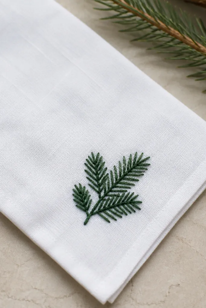 A white cotton handkerchief laid flat with a small pine sprig embroidered in deep green thread near one corner. The fabric has a crisp edge and the stitching looks tight and even.