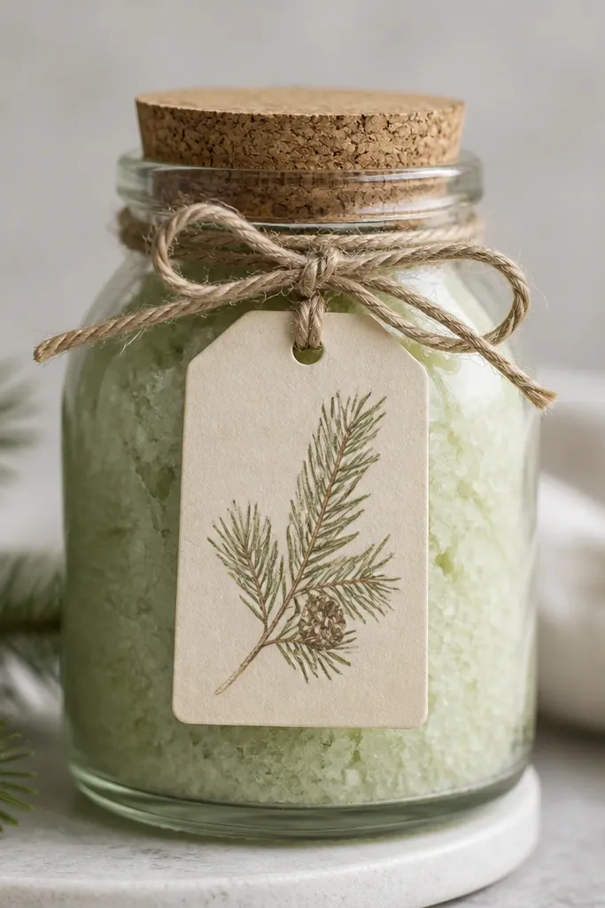 A small glass bottle filled with pale green sugar scrub, with visible texture. The bottle has a cream label with a handwritten pine sprig, sealed with a cork or screw cap, and tied with waxed twine.