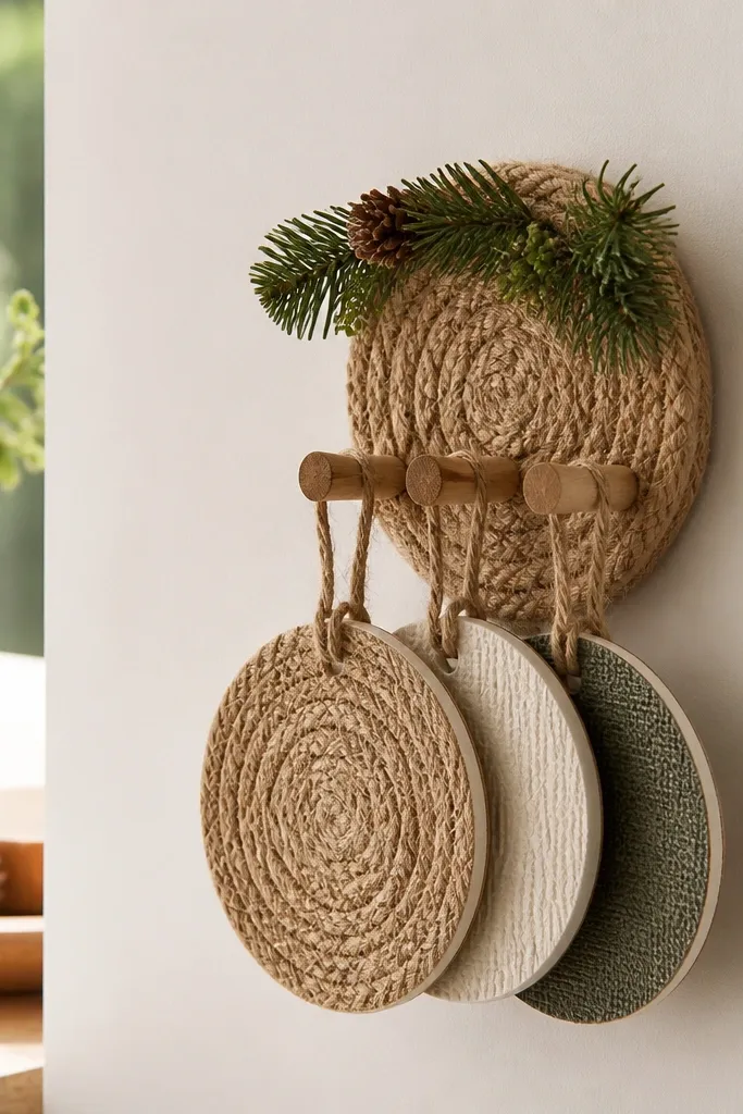 A small wall-mounted holder made of coiled jute rope in a circular shape with tiny wooden pegs sticking out. Mini faux pine sprigs decorate the top, and coasters hang slightly spaced.