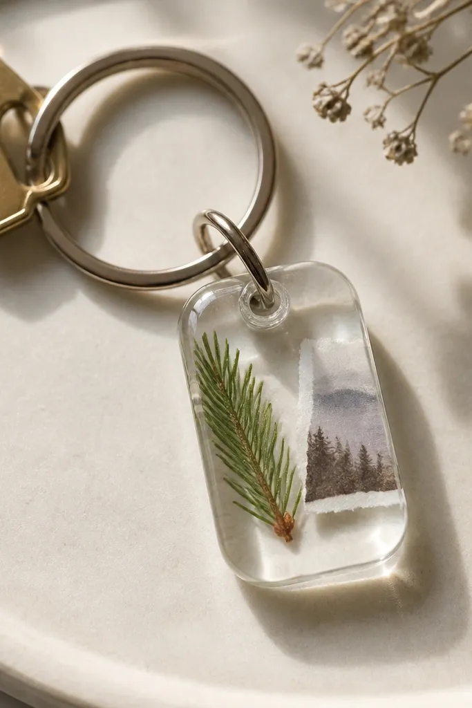 A small clear resin charm shaped like a rounded rectangle, with a tiny pine sprig and a sliver of photo inside. The charm is attached to a keyring and looks glossy and glass-like.