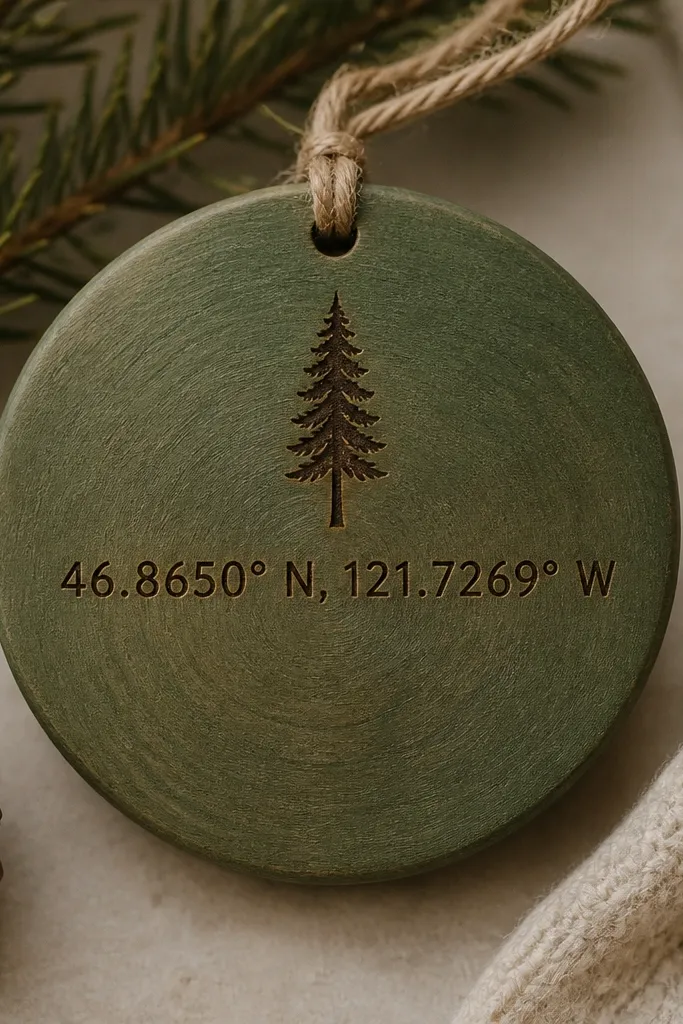 A round wood slice ornament with the bark removed, sanded smooth. It has burned coordinates in a neat line and a small pine tree silhouette near the top, finished with a dark green wax wash.