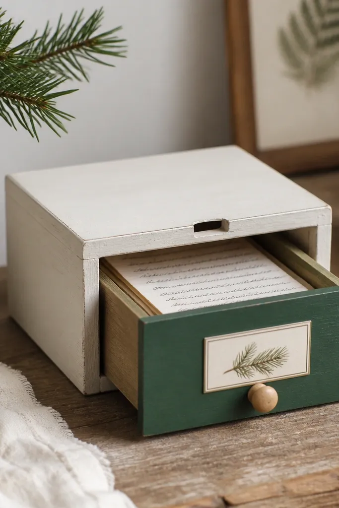 A small wooden drawer box painted off-white with a pine green drawer front. Inside, folded handwritten notes are stacked, and the drawer slides open smoothly. A tiny pine sprig illustration sits on the front label.