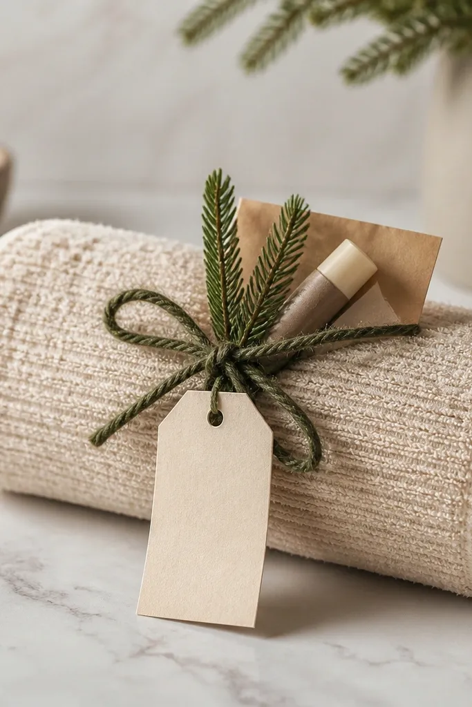 A rolled hand towel wrapped around a small gift card and a few small items. The roll is tied with pine-green twine, with a tiny faux pine branch tucked under the knot and a cream tag hanging down.