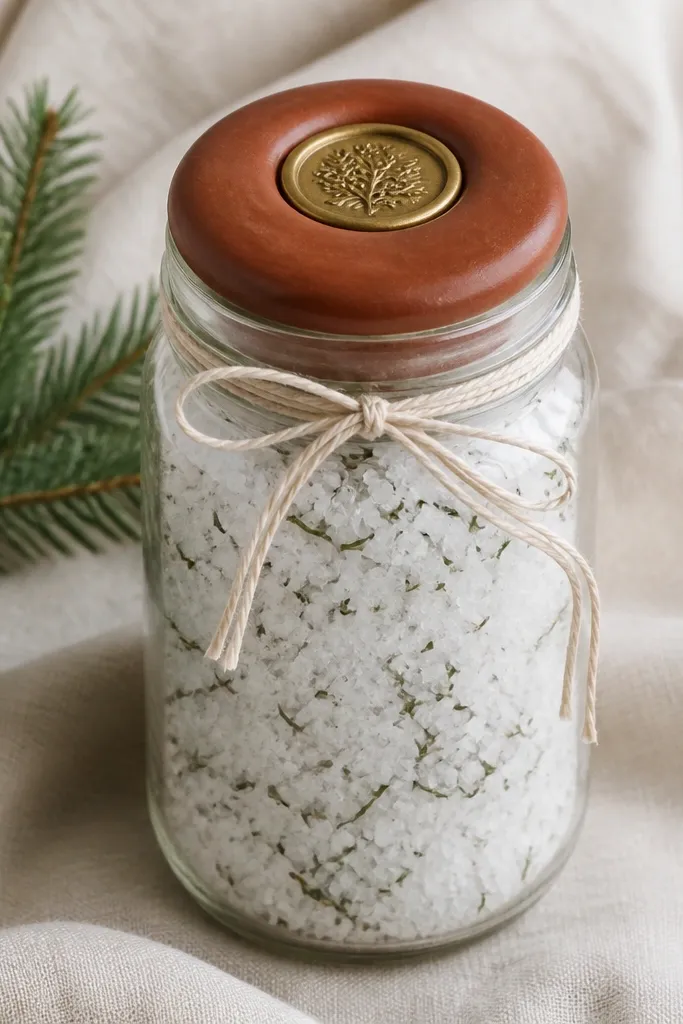 A clear 16 oz glass jar filled with chunky white bath salts and tiny green pine needle pieces, sealed with a warm brown cedar-colored wax disk and a small brass stamp impression. The jar sits on a linen cloth with a sprig of fresh pine and a strip of cream cotton twine tied around the neck.