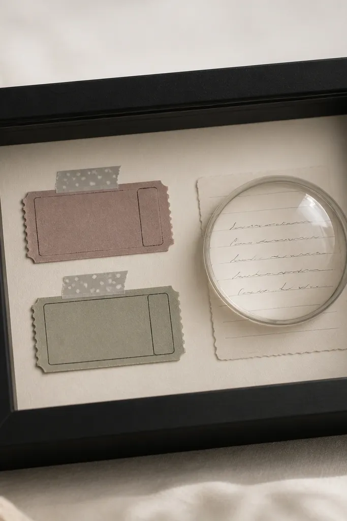 A small black shadow box with a glass front. Inside are two ticket stubs laid flat on cream cardstock, each with a thin strip of washi tape labeling the date. A handwritten note sits under a clear acrylic dome on the right side.