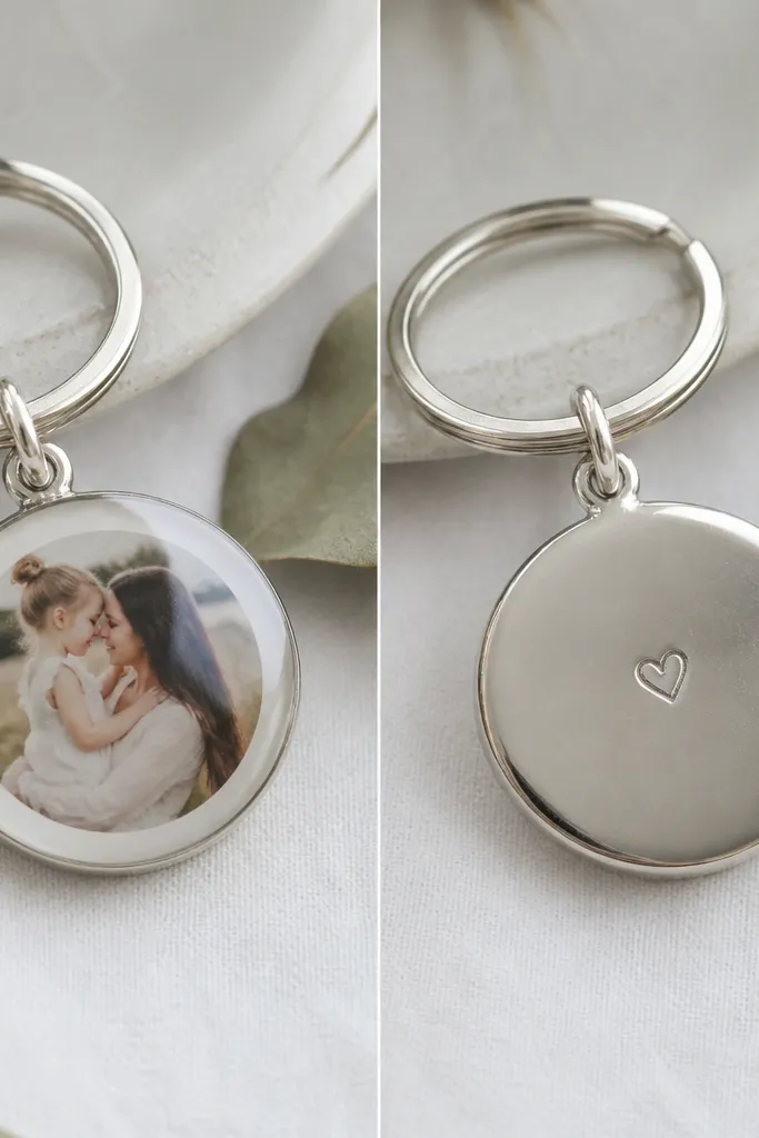 A round silver keychain charm with a clear glossy dome. Under the dome is a tiny photo with a thin white border. The back is stamped with a small heart and the edges are sealed with smooth resin.