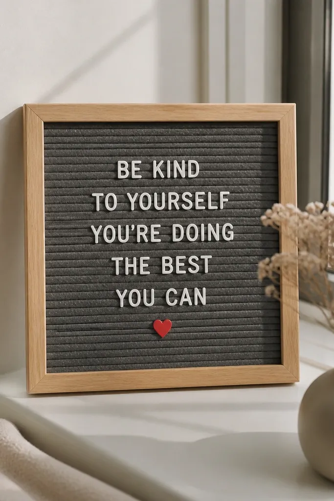 A small letterboard with a dark gray fabric cover. White letter tiles spell a short inside quote. A single red mini heart sticker sits under his name area.