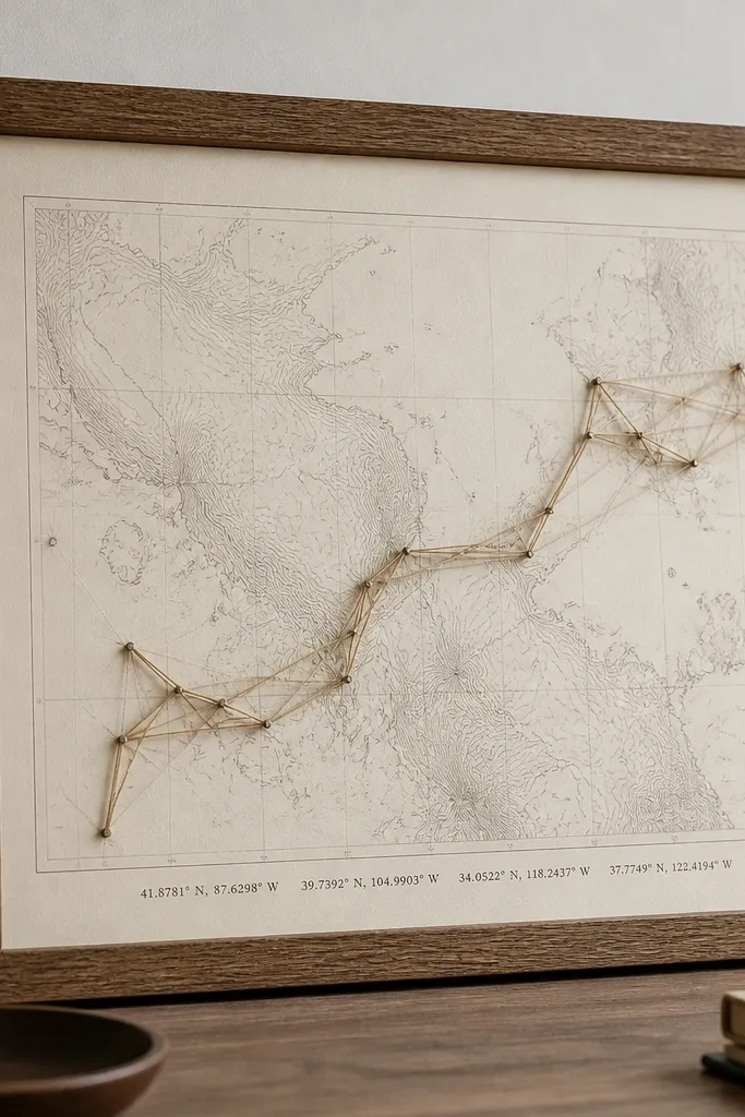 A simple wooden frame holding a cream map print. Over the map, thin thread lines trace a route, rising slightly from the paper. Coordinates are typed in small black text at the bottom.