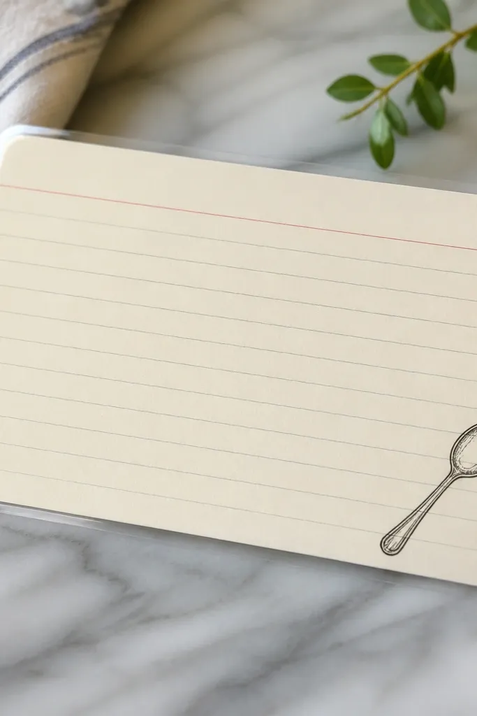 A 4x6 recipe card with neat handwriting and a small doodle of a spoon. The card is laminated with rounded corners and a clear glossy finish.