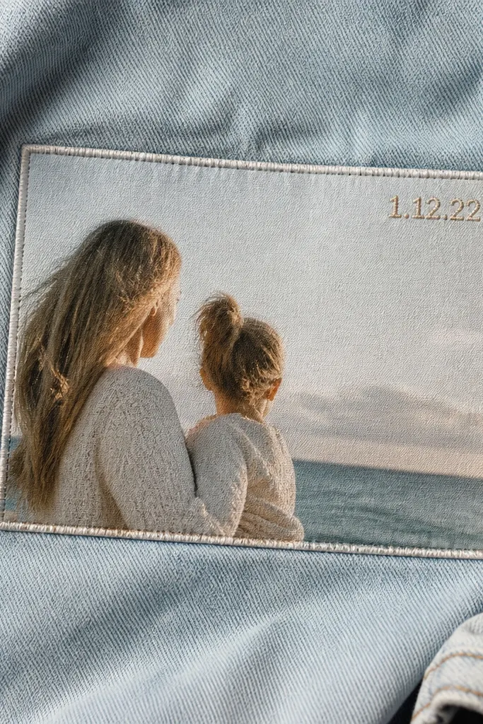 A piece of light-wash denim with a sewn-on rectangular patch. A photo is printed on fabric-backed patch paper and stitched around the edges. A small embroidered date sits in the top corner.