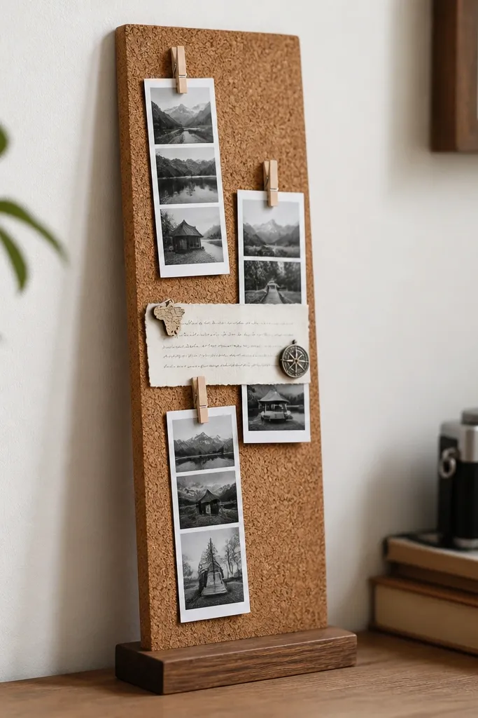A narrow corkboard mounted on a small wooden base. Several small black-and-white photo strips are clipped with mini clothespins. Thumbtacks shaped like tiny maps or compass icons hold a handwritten strip.
