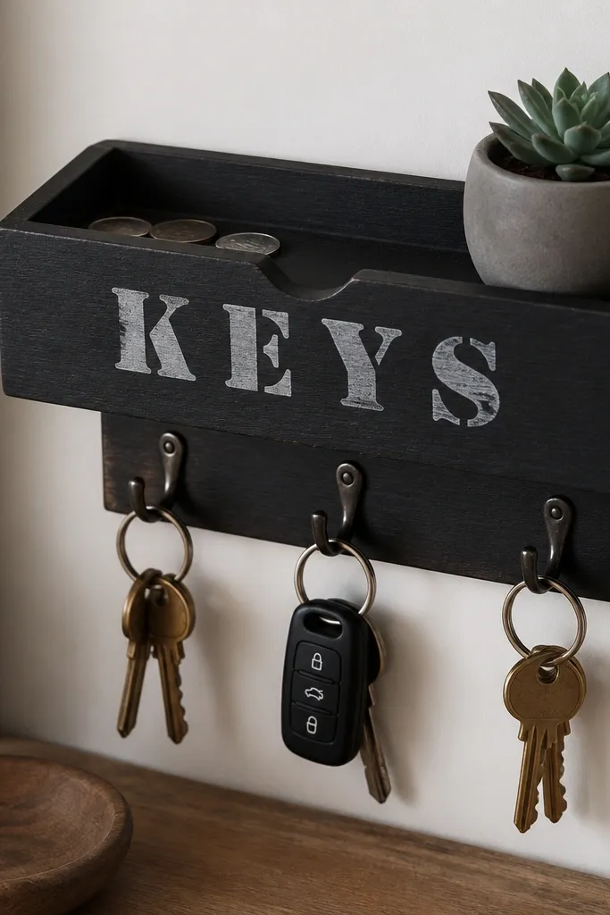 A small wooden tray painted matte black. The words are cut with a stencil and filled with light gray paint. Three key hooks sit in a row, with a small notch for coins.