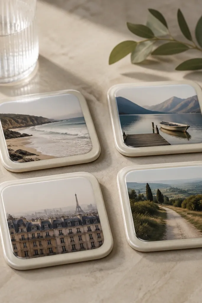 Four square coasters with rounded corners. Each has a small photo in the center under a clear epoxy layer. The edges are smooth and glossy, with a light border ring.