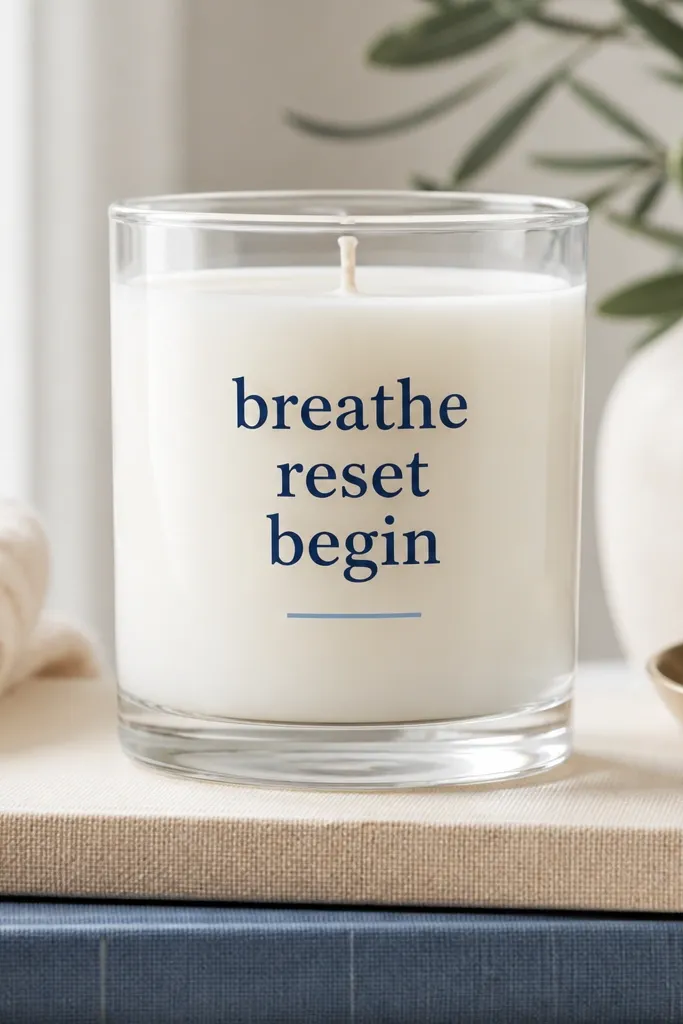 A clear glass candle jar with a white wax candle inside. On the front is a vinyl quote in dark navy letters. The quote sits centered and straight, with a small underline line in a lighter shade.