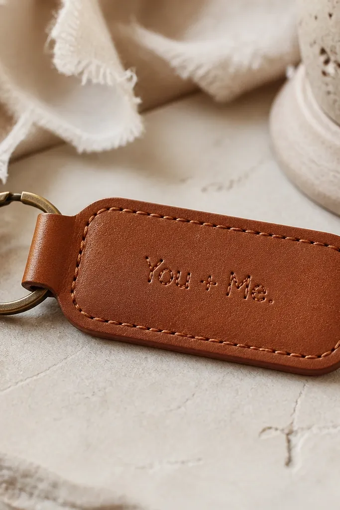 A leather-like key fob with a stitched border. In the center, small embroidered letters spell "You + Me." The thread is a single color that matches the fob edge.