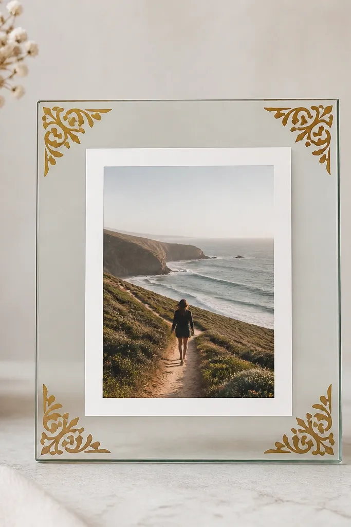A small glass photo frame with a pale background. The corners have stencil paint designs in gold. The photo sits centered with a thin white mat behind it.