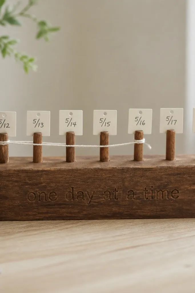A small stained wood block with a row of tiny wooden pegs. Each peg has a small paper tag with a date. A short carved phrase sits on the front, and a string line runs between two pegs.