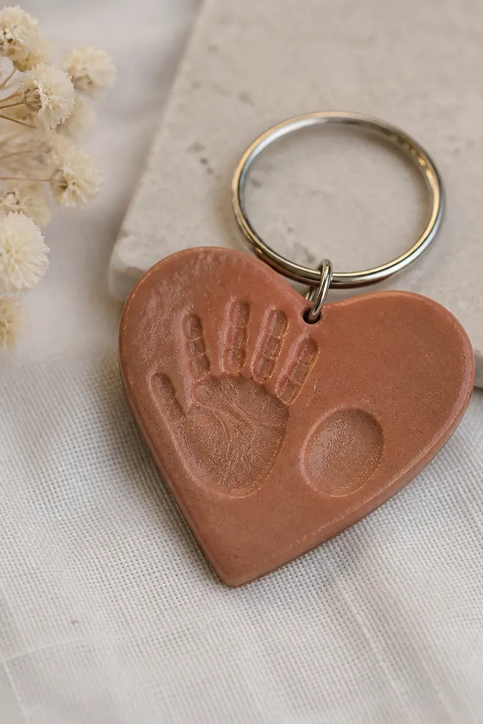 A small heart-shaped keychain made from salt dough, with a thumbprint and handprint texture. The keychain is painted a muted clay color and sealed with clear acrylic. A metal key ring attaches at the top.