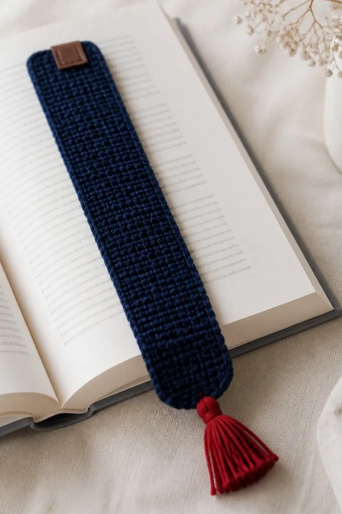 A long crochet bookmark in deep navy with a small red tassel at the end. It has a simple textured stitch and a small stitched tag near the top.