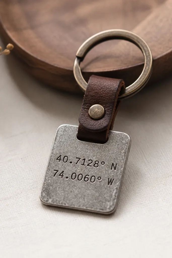 A small rectangular metal tag with stamped numbers. The tag hangs from a brown leather loop attached to a key ring. The coordinates are centered and the edges are slightly rounded.