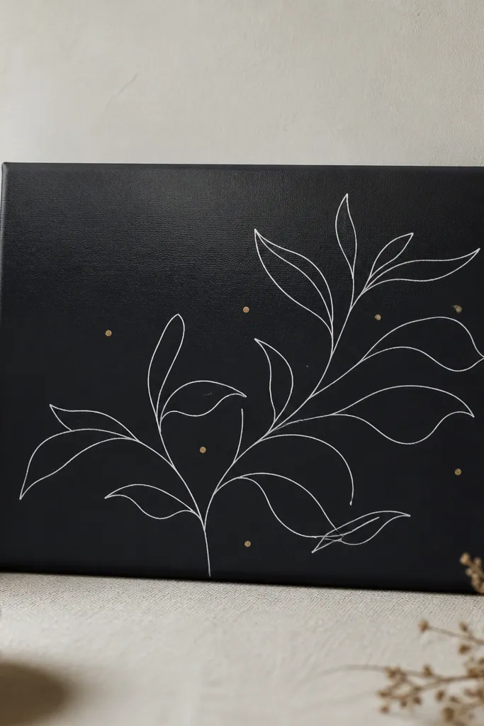 A small stretched canvas with a simple line drawing. The lines are done with white gel pen over a dark background, and there are a few tiny gold dots. A clear coat makes the surface look smooth.