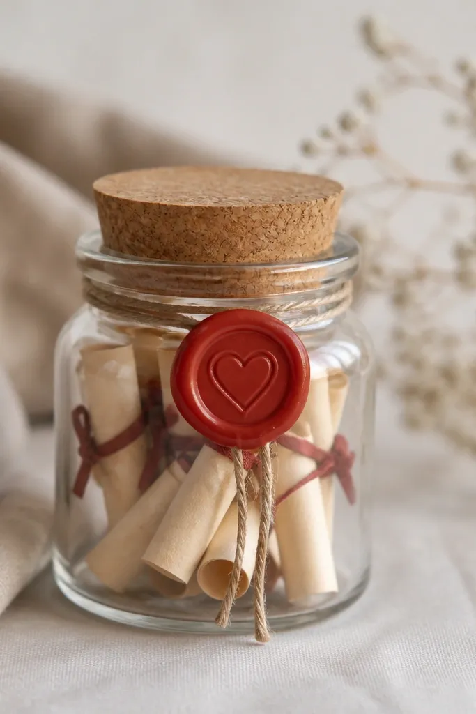 A small glass jar with a cork lid. Inside are several rolled paper notes tied with thin ribbon. The jar has a red wax seal stamped with a simple heart icon.