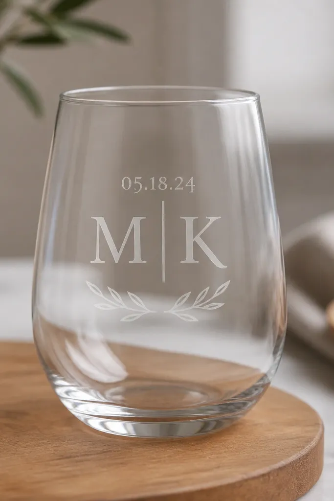 A clear stemless wine glass with a frosted-looking vinyl design that resembles etched glass. The design shows a small date and two initials in a simple serif style.