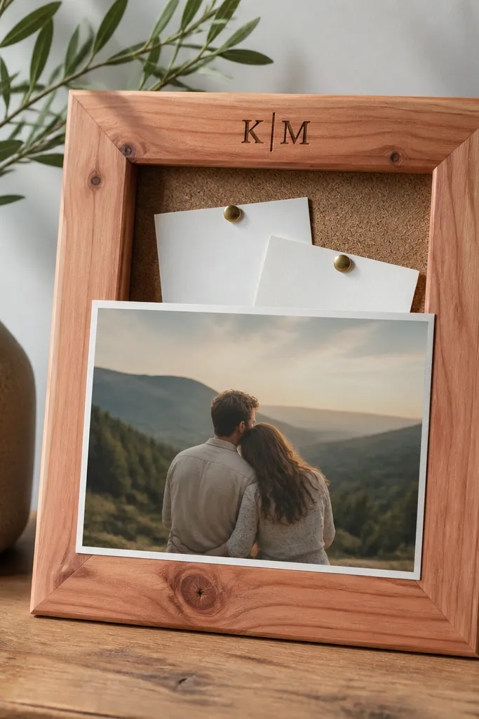 A cedar wood frame with visible grain. The initials are burned into the top edge with a wood-burning tool. Behind the photo is a small pin board holding two short note cards.