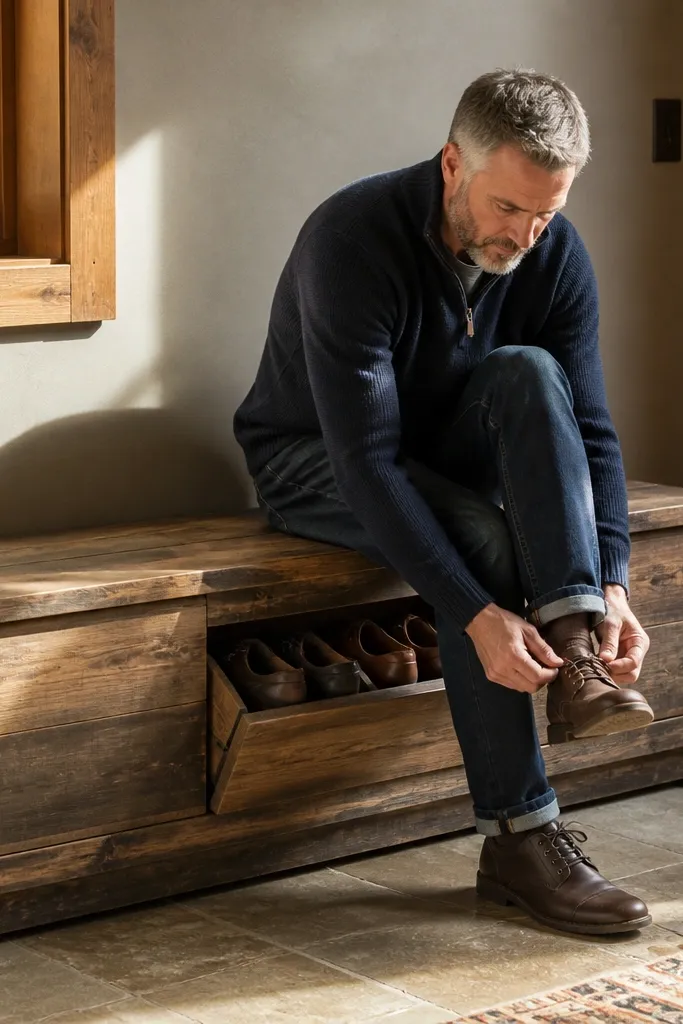 Reclaimed barnwood bench with hinged lids over shoe compartments